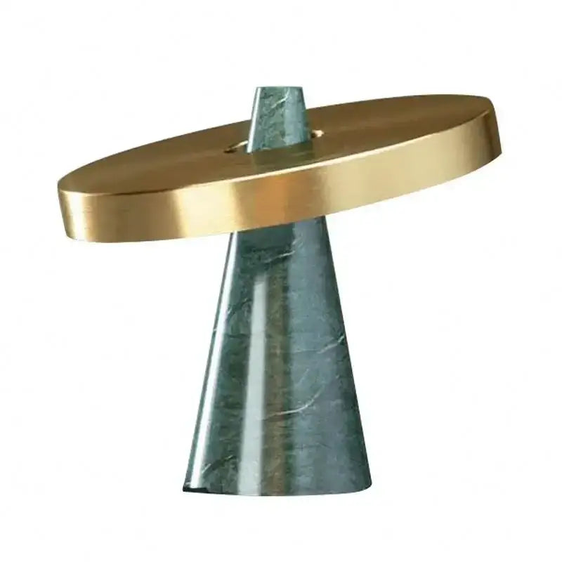 Modern green marble table lamp with a polished brass shade and dark green marble tapered base for living room decorbites