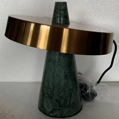 Modern green marble table lamp with a dark green marble base and polished gold shade for living room decorbites green marble