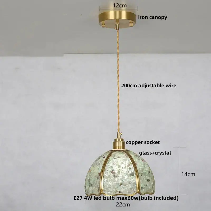 Modern green mosaic crystal glass led pendant lamp with translucent glass, brass iron canopy, and copper socket