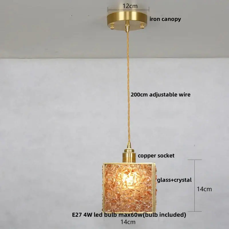 Modern green mosaic crystal glass led pendant lamp with a gold-toned square decorbites crystal glass shade