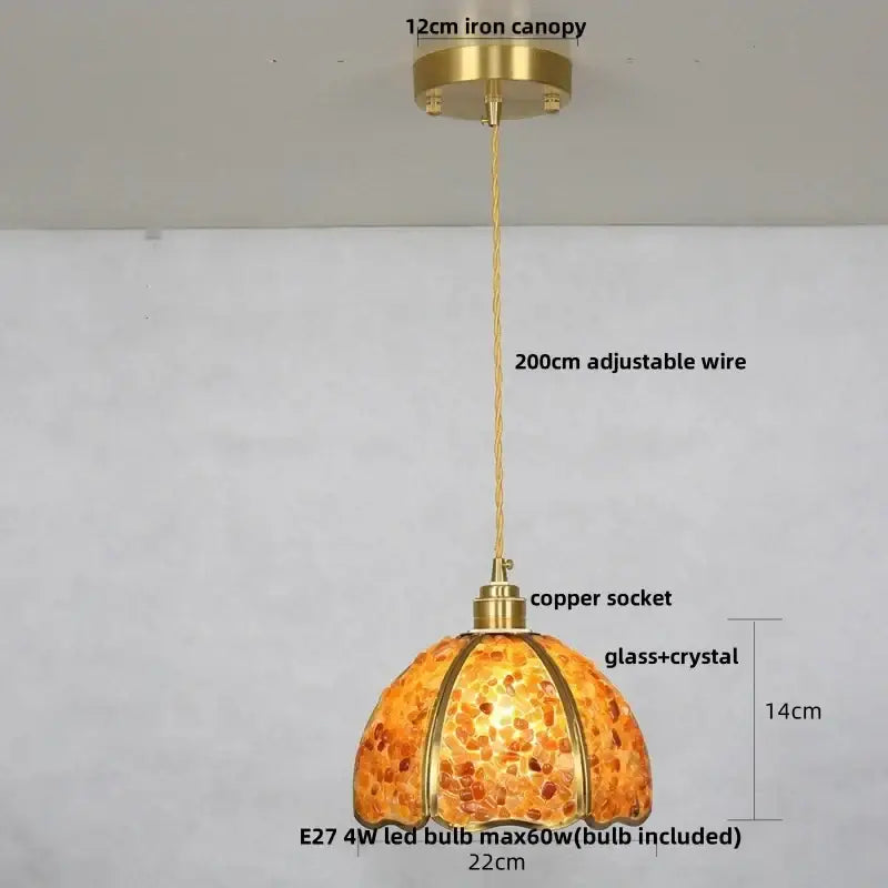 Modern green mosaic glass pendant lamp with warm amber crystal glass and brass copper accents by decorbites crystal glass
