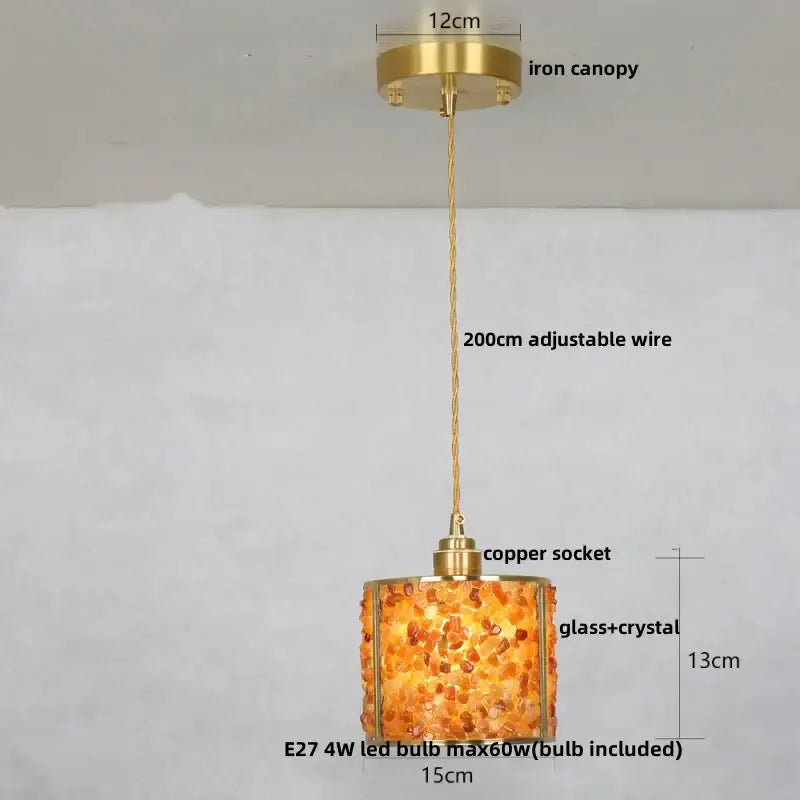 Modern green mosaic glass pendant light with warm amber decorbites crystal glass brass accents and adjustable wire pendant lamp