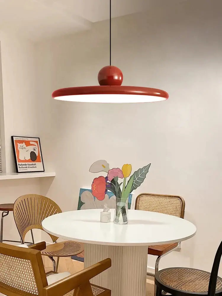 Red circular pendant light with glossy finish and spherical top in decorbites colorful metal led pendant lights for kitchen