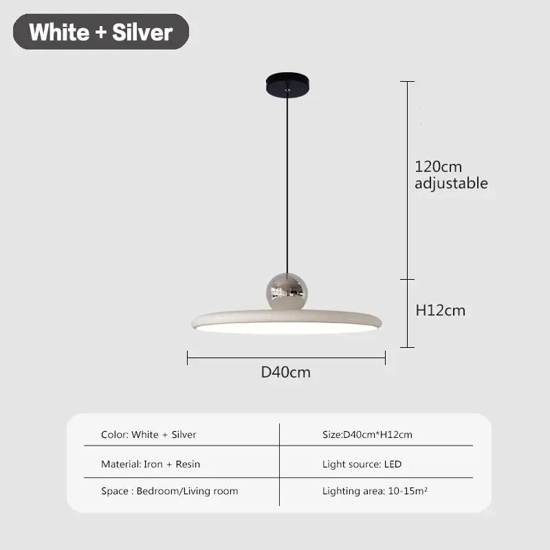 Modern pendant light with white and silver circular resin shade suspended by iron rod for decorbites cream wind saucer
