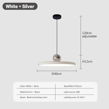 Modern pendant light with white and silver circular resin shade suspended by iron rod for decorbites cream wind saucer