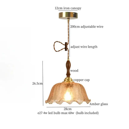 Modern green wave glass pendant light featuring amber glass with wooden stem and brass accents for living room decorbites green wave pendant light