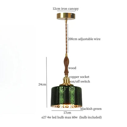 Modern green wave glass pendant light with blackish green herringbone glass, iron canopy, wooden accent, and copper socket