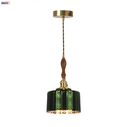 Modern green wave glass pendant light with chevron pattern brass accents and wooden handle for living room decorbites pendant light