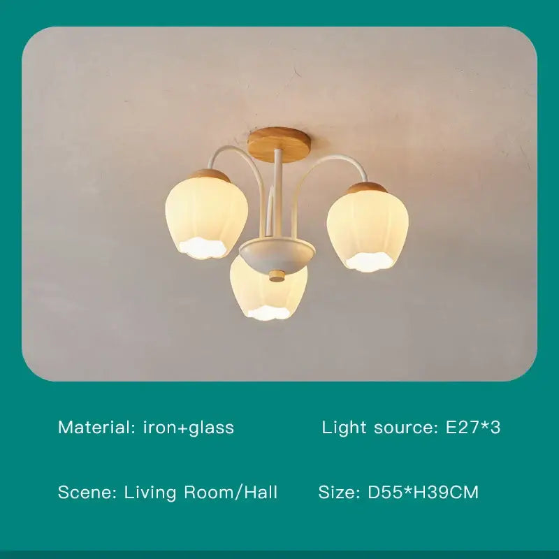 Modern green white chandelier with white iron frame, glass lampshades, and wooden caps for living room ceiling lighting