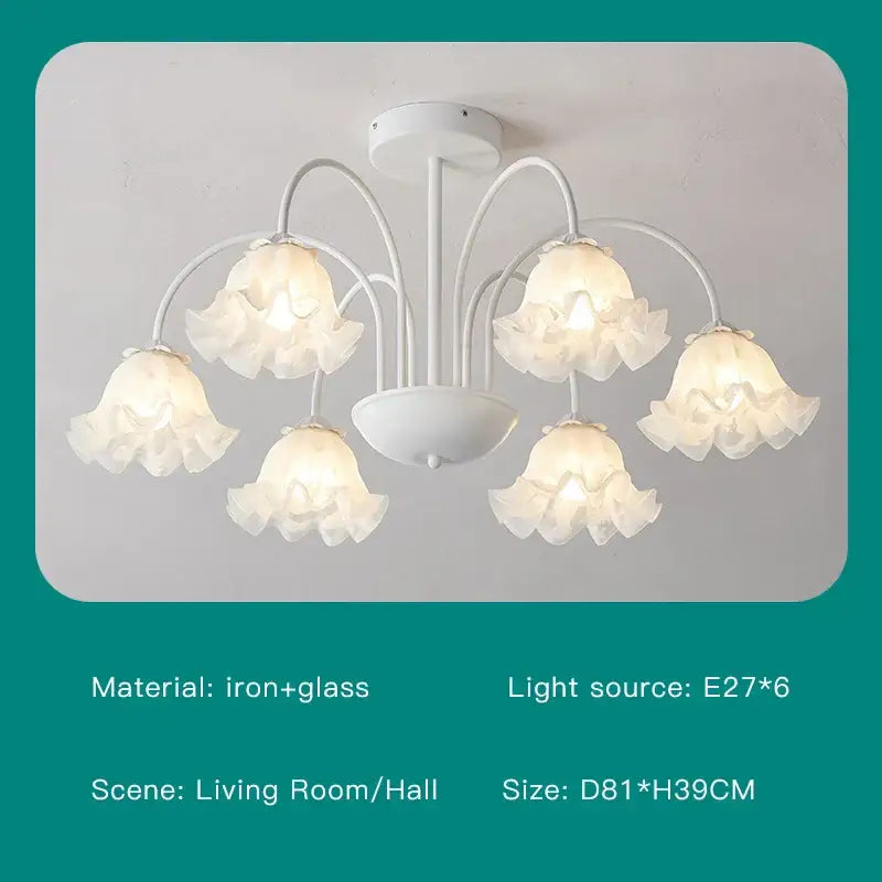 Modern green white chandelier with five ruffled white glass shades on iron frame for living room ceiling light