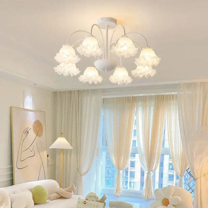 Modern green white chandelier with eight glass globes and white floral petal-like shades for living room ceiling