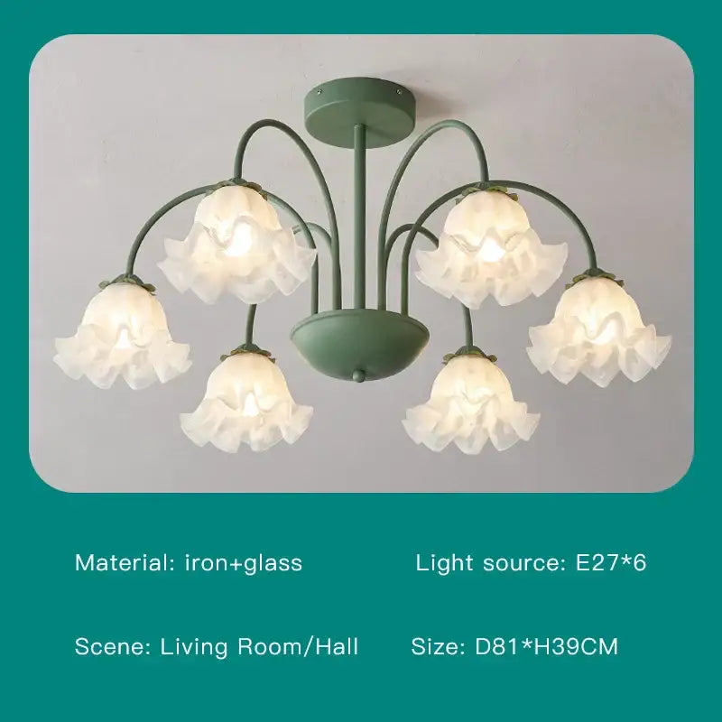 Delicate modern green white chandelier with iron frame and five frosted flower-shaped glass shades for ceiling use