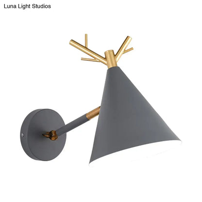 Modern grey and gold antler sconce light with conical shade and circular mount compatible with e26 e27 bulbs