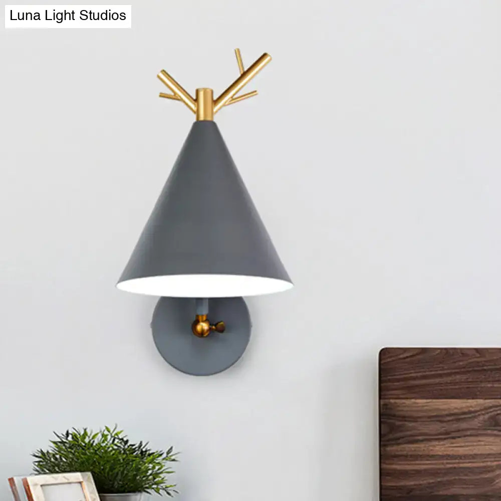 Modern grey and gold antler sconce light with gray conical shade and circular base compatible with e26 e27 bulbs