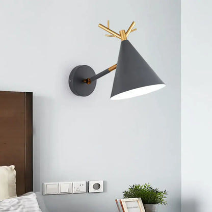 Modern grey and gold antler sconce light with matte conical shade and e26 e27 bulb compatibility for bedroom use
