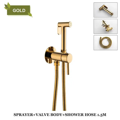 Modern grey brass bidet spray with gold-colored sprayer system, flexible 1.5m hose, and integrated valve body for decorbites brass bidet