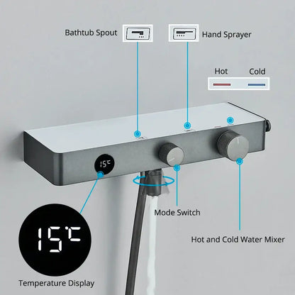 Modern grey digital shower faucet set with brushed stainless steel wall-mounted faucet and integrated temperature display
