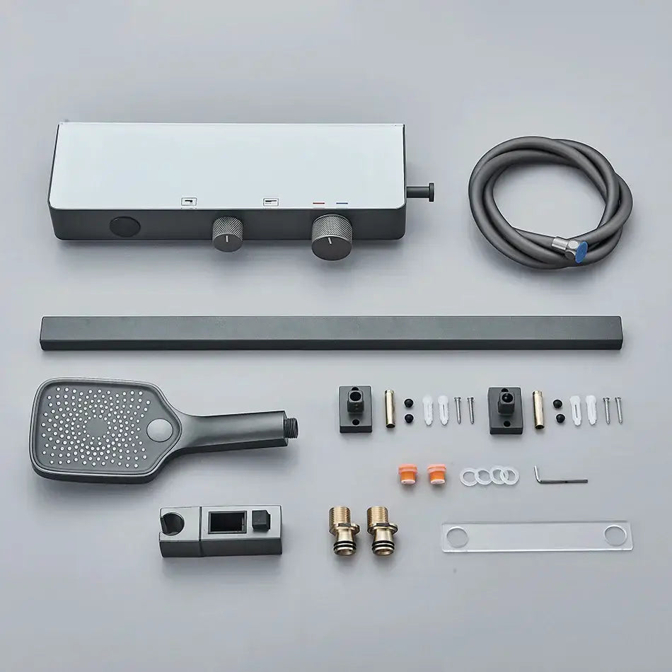 Modern grey digital shower faucet set with shelf featuring a matte black and white shower faucet with dual control knobs and handheld spray head