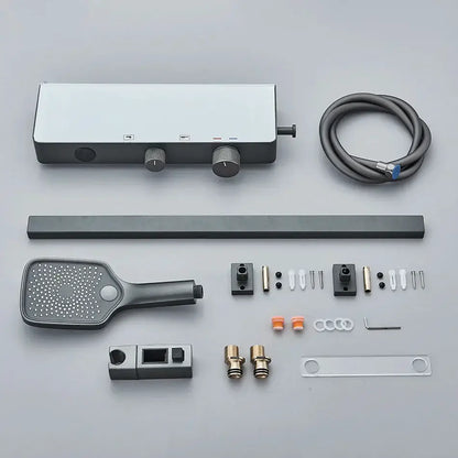 Modern grey digital shower faucet set with shelf featuring a matte black and white shower faucet with dual control knobs and handheld spray head