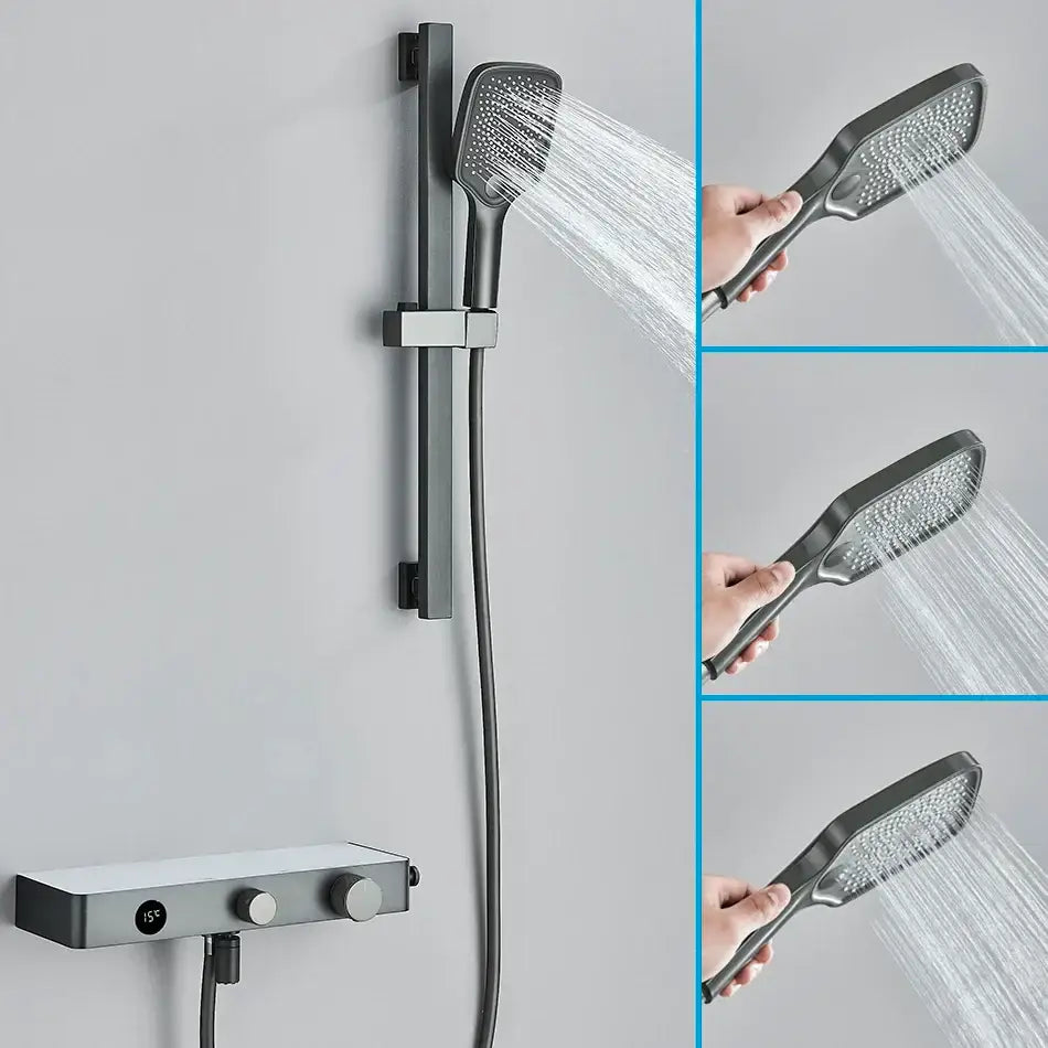 Modern grey digital shower faucet set with a matte black handheld showerhead and wall-mounted control unit for bathroom use
