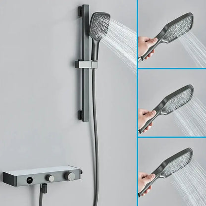 Modern grey digital shower faucet set with a matte black handheld showerhead and wall-mounted control unit for bathroom use