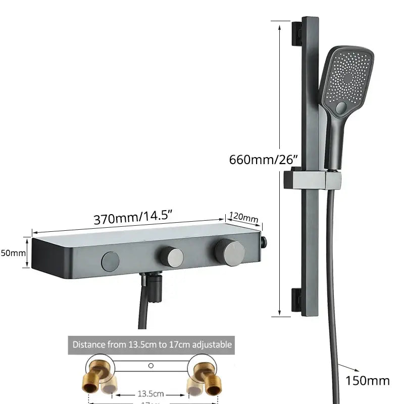 Modern grey digital shower faucet set with matte black finish features a sleek control panel and adjustable handheld showerhead