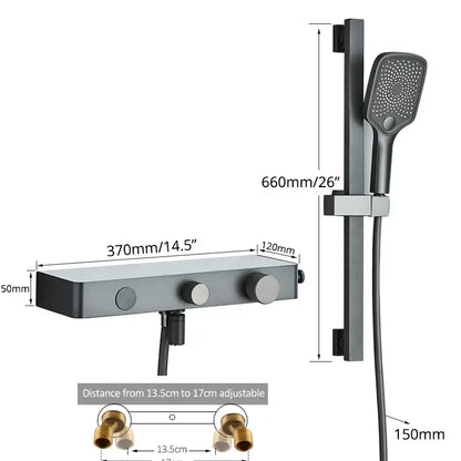 Modern grey digital shower faucet set with matte black finish features a sleek control panel and adjustable handheld showerhead