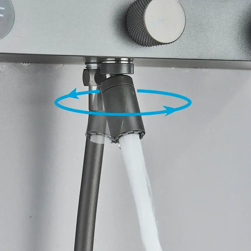 A sleek matte black rotating spray nozzle with textured knob on a modern grey digital shower faucet set for bathroom