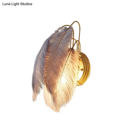 A modern wall lamp with furry grey and beige goose feather accents for bedroom featuring two large soft feathers