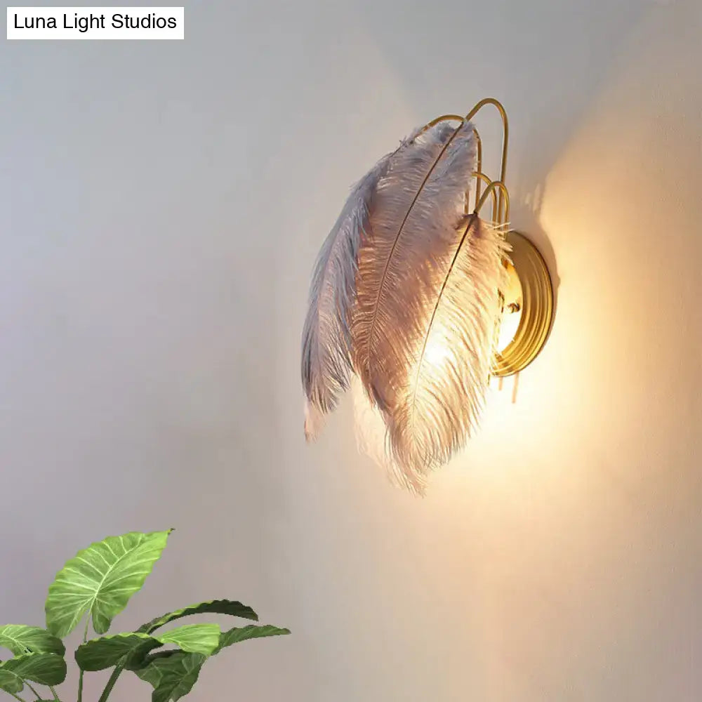 Modern grey and white wall lamp featuring furry goose feather plumes in soft white and pale pink for bedroom use