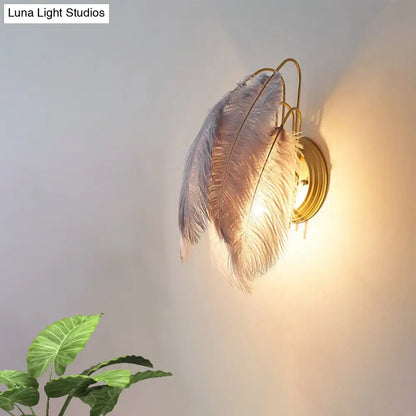 Modern grey and white wall lamp featuring furry goose feather plumes in soft white and pale pink for bedroom use