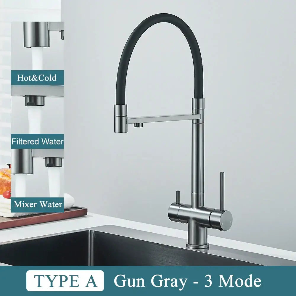 Modern gun gray filtered kitchen faucet with dual handle pull out hose and three water output modes for decorbites gun gray