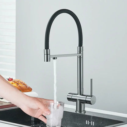 Modern gun gray filtered kitchen faucet with dual handle brushed stainless steel and flexible black pull-down hose