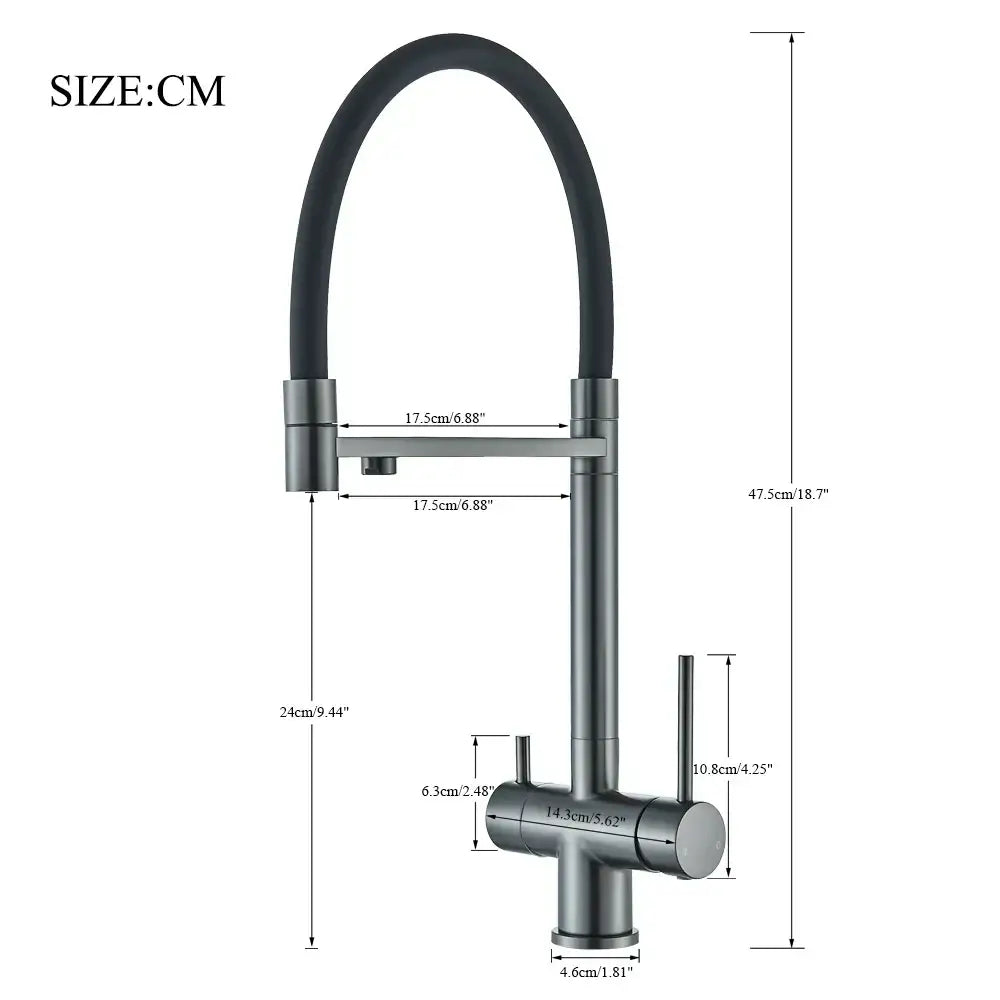 Modern gun gray filtered kitchen faucet with dual handle pull out hose in matte black and brushed steel finish
