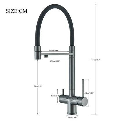 Modern gun gray filtered kitchen faucet with dual handle pull out hose in matte black and brushed steel finish