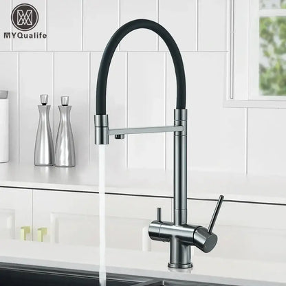 Modern gun gray filtered kitchen faucet with dual handle pull out hose and chrome accents for decorbites gun gray kitchens