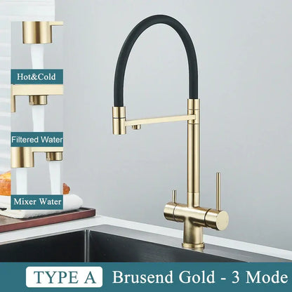 Modern gun gray filtered kitchen faucet with dual handle pull out hose and brusend gold 3 mode brushed gold finish
