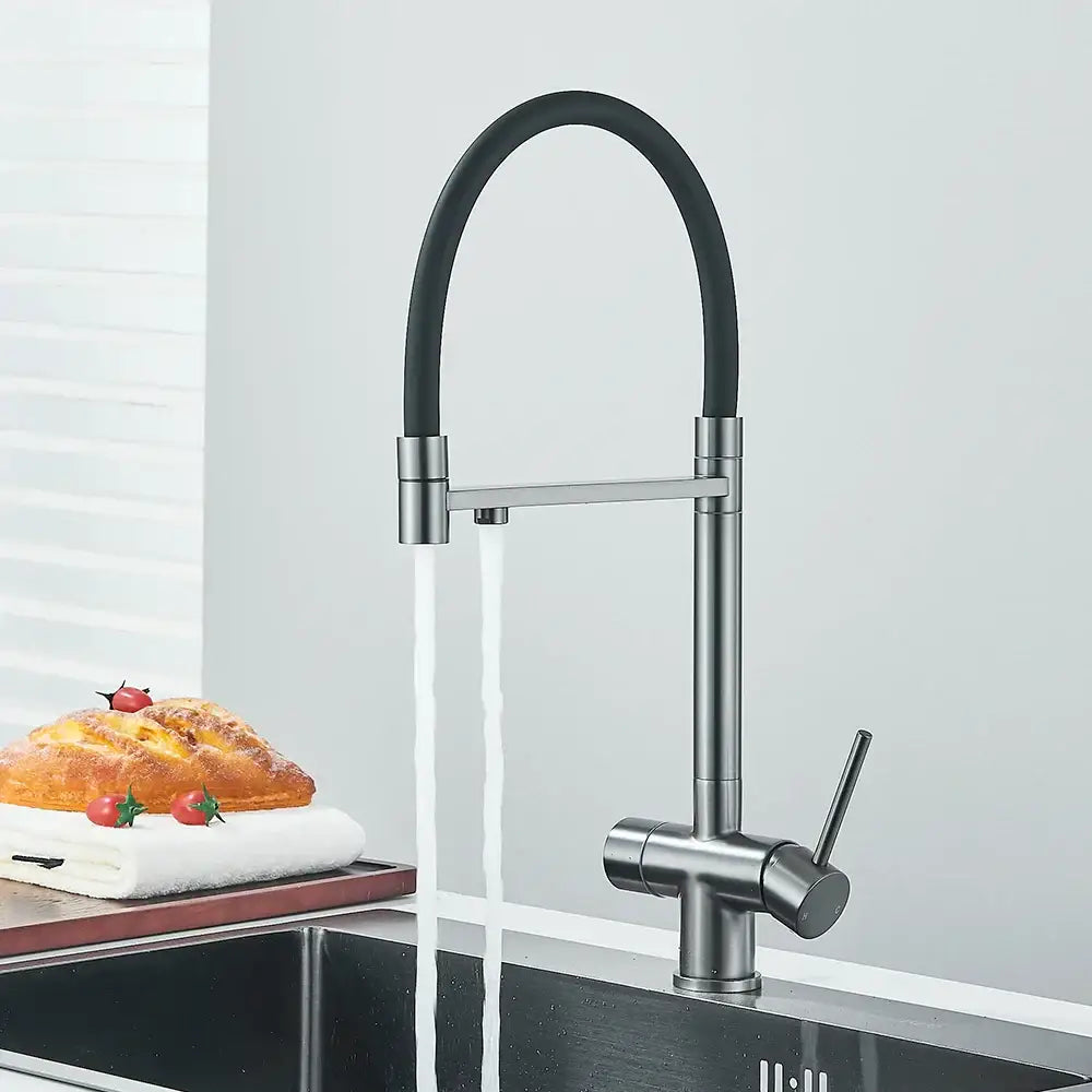 Modern gun gray filtered kitchen faucet with dual handle pull out hose brushed stainless steel and flexible black rubber hose