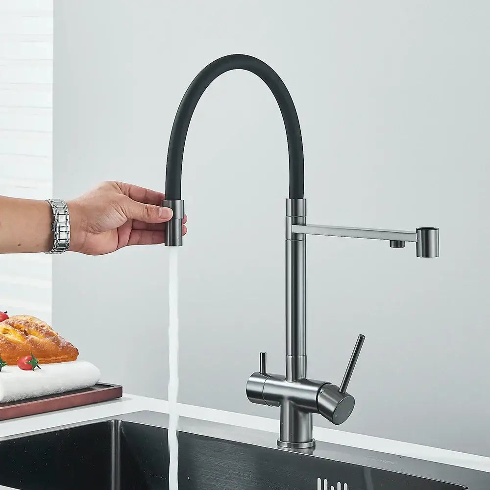 Modern gun gray filtered kitchen faucet with brushed stainless steel finish dual handle pull out hose decorbites gun gray