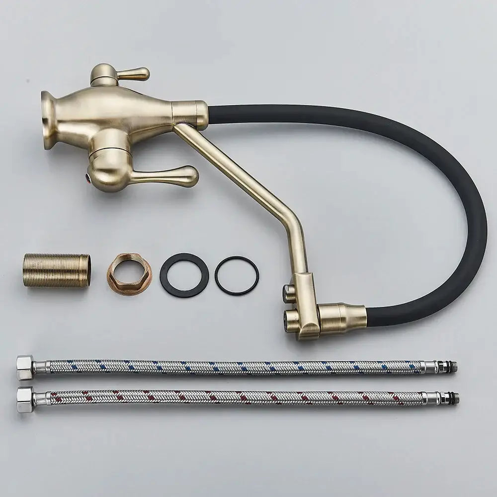Modern gun gray kitchen faucet with brass finish curved spout dual lever handles and metal braided supply lines decorbites gun gray