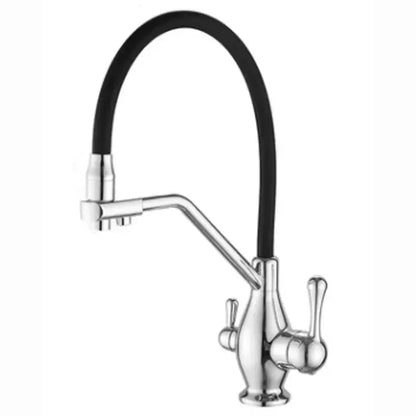 Modern gun gray kitchen faucet with chrome finish flexible black hose and dual ornate handles for decorbites gun gray kitchen decor