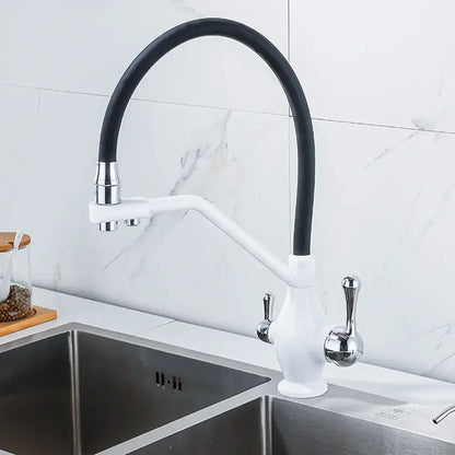 Modern gun gray kitchen faucet with white ceramic body black flexible hose and chrome dual handles for pure water use