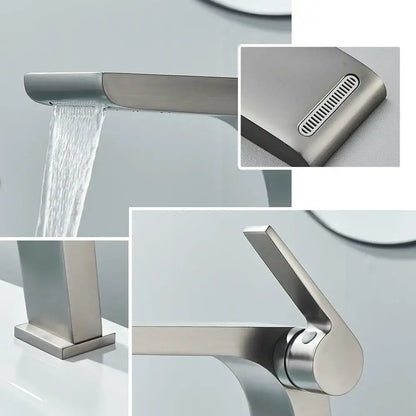 Modern decorbites gun grey basin faucet with brushed nickel waterfall spout and sleek angular rectangular design