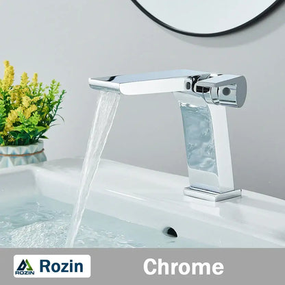 Modern gun grey basin faucet with chrome finish rozin waterfall spout designed for sleek bathroom sink mixer tap decorbites gun grey