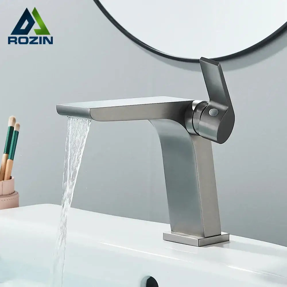 Modern gun grey basin faucet with stainless steel waterfall design and brushed finish for bathroom sink mixer tap decorbites gun grey basin
