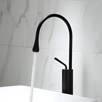 Modern gun grey brass basin faucet with black matte finish curved spout and single lever handle decorbites gun grey