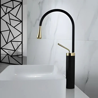 Modern gun grey brass basin faucet with black and gold curved spout and cylindrical base by decorbites gun grey