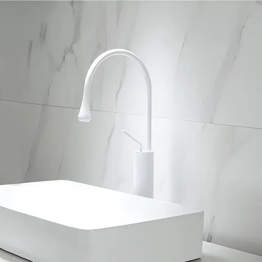 White ceramic basin faucet with sleek curved spout in decorbites gun grey brass swivel kitchen water crane design