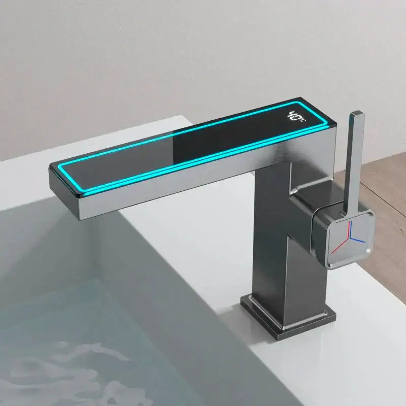 Modern gun grey basin faucet with sleek rectangular chrome spout and temperature sensor with turquoise led display decorbites gun grey