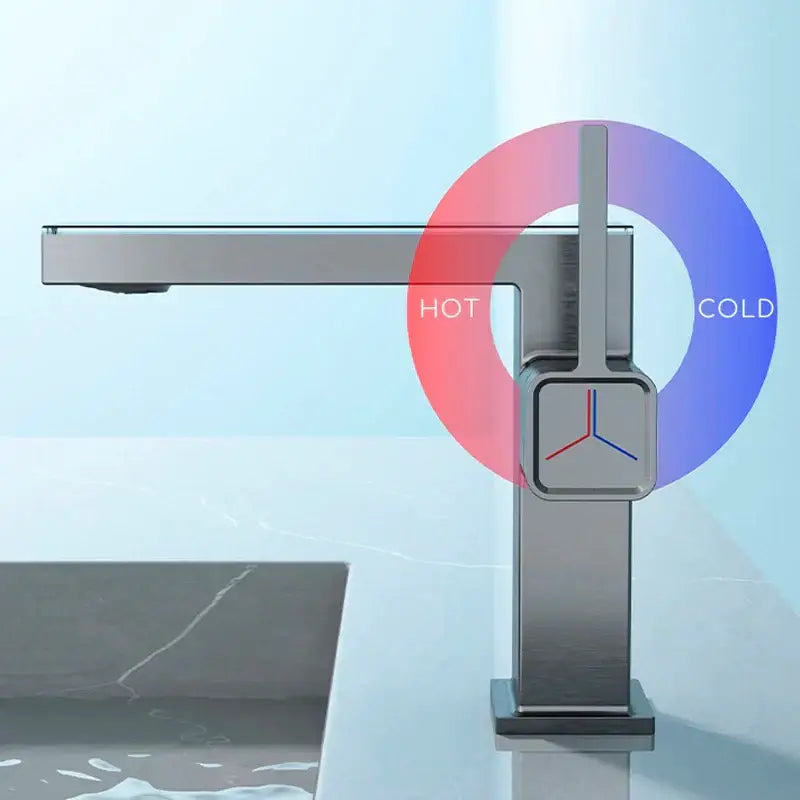 Modern gun grey basin faucet with brushed stainless steel finish and dual-control knob for hot and cold water by decorbites gun grey